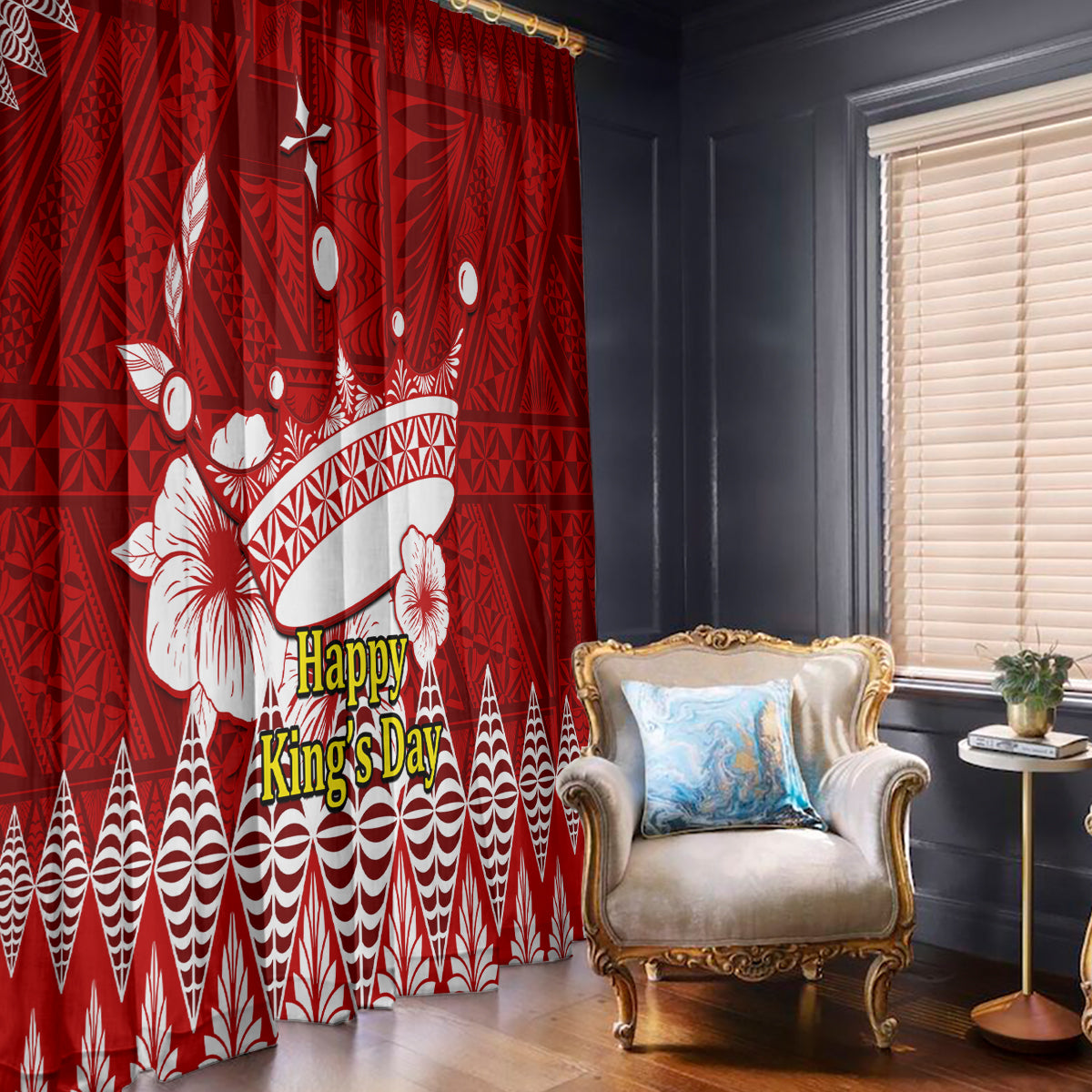 Tonga King Tupou I Day Window Curtain Tongan Ngatu Pattern With Crown LT14 With Hooks Red - Polynesian Pride
