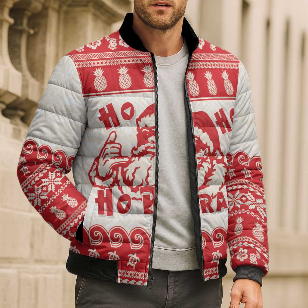 Red Mele Kalikimaka Hawaii Bomber Puffer Jacket Funny Ho Ho Ho Santa Shaka - Polynesian Pride