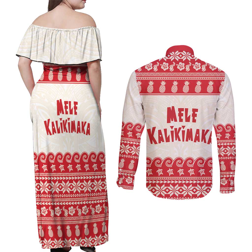 Red Mele Kalikimaka Hawaii Couples Matching Off Shoulder Maxi Dress and Long Sleeve Button Shirt Funny Ho Ho Ho Santa Shaka - Polynesian Pride