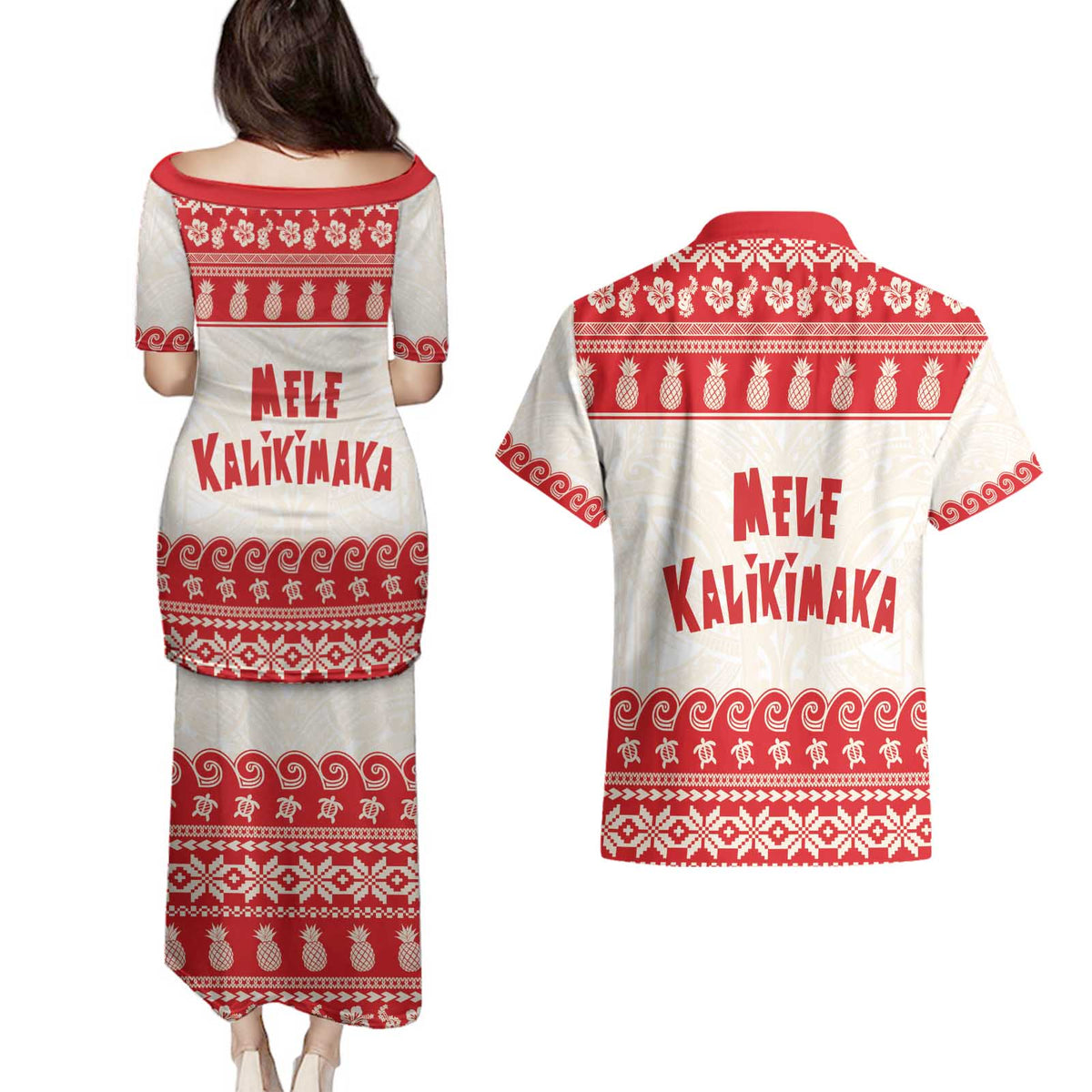 Red Mele Kalikimaka Hawaii Couples Matching Puletasi and Hawaiian Shirt Funny Ho Ho Ho Santa Shaka - Polynesian Pride