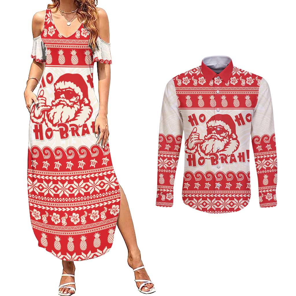 Red Mele Kalikimaka Hawaii Couples Matching Summer Maxi Dress and Long Sleeve Button Shirt Funny Ho Ho Ho Santa Shaka - Polynesian Pride