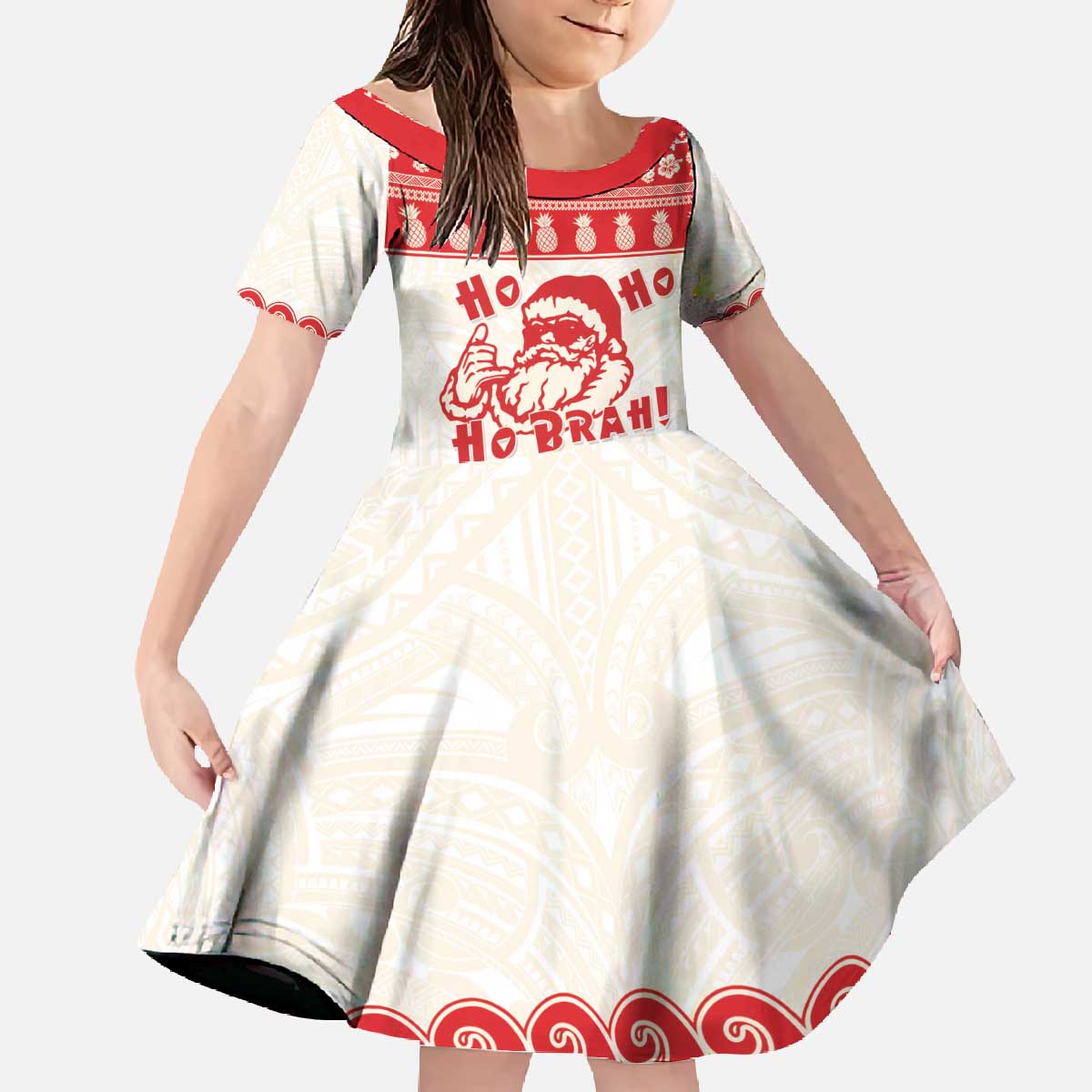 Red Mele Kalikimaka Hawaii Family Matching Off The Shoulder Long Sleeve Dress and Hawaiian Shirt Funny Ho Ho Ho Santa Shaka - Polynesian Pride