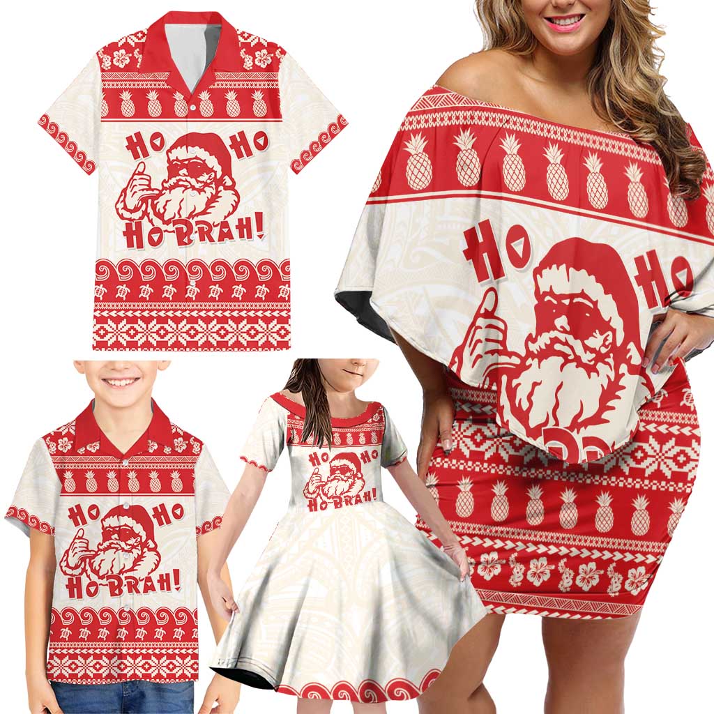 Red Mele Kalikimaka Hawaii Family Matching Off Shoulder Short Dress and Hawaiian Shirt Funny Ho Ho Ho Santa Shaka - Polynesian Pride