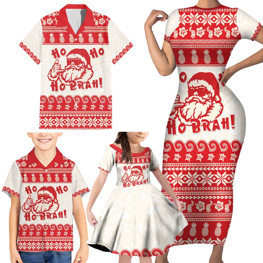 Red Mele Kalikimaka Hawaii Family Matching Short Sleeve Bodycon Dress and Hawaiian Shirt Funny Ho Ho Ho Santa Shaka - Polynesian Pride