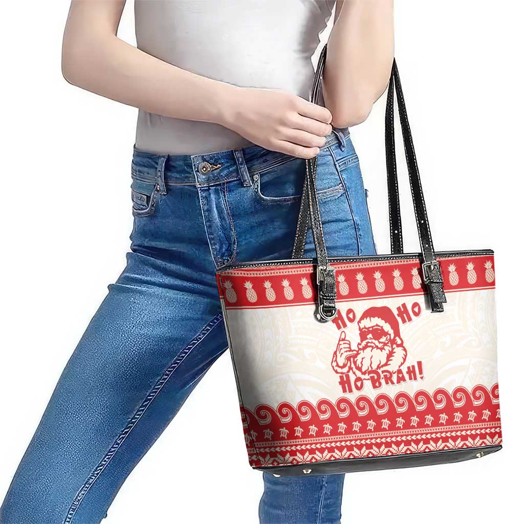 Red Mele Kalikimaka Hawaii Leather Tote Bag Funny Ho Ho Ho Santa Shaka - Polynesian Pride