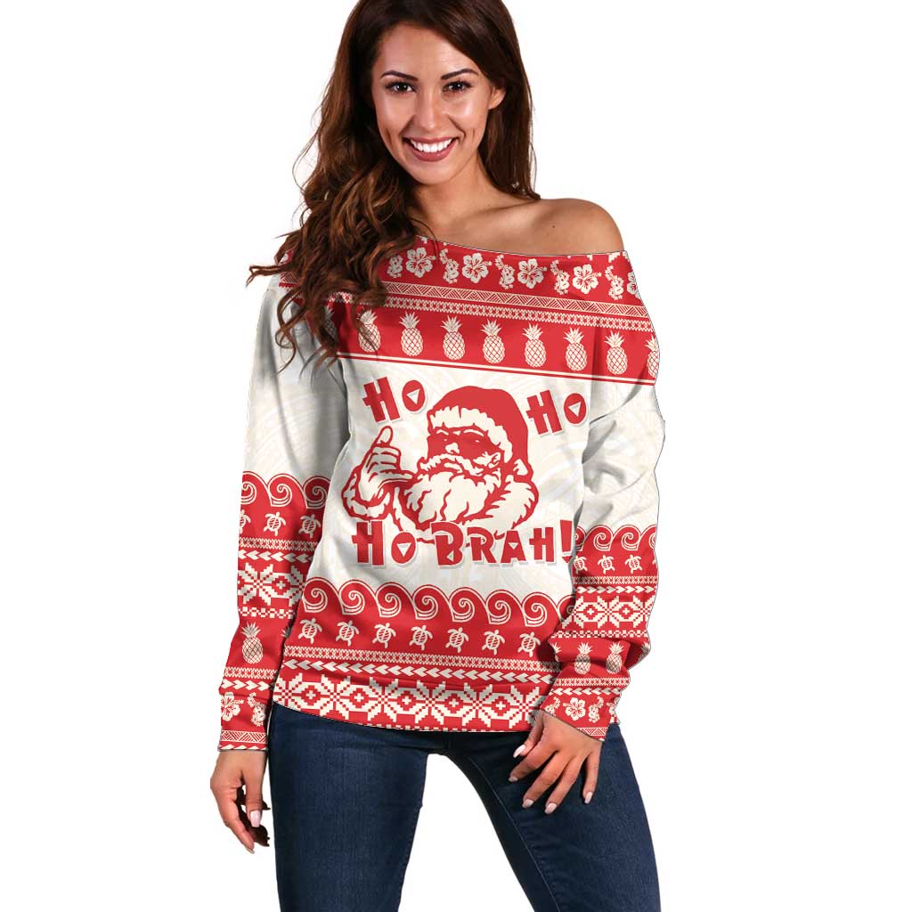 Red Mele Kalikimaka Hawaii Off Shoulder Sweater Funny Ho Ho Ho Santa Shaka - Polynesian Pride