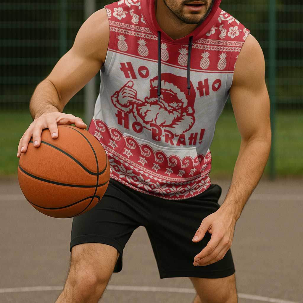 Red Mele Kalikimaka Hawaii Sleeveless Hoodie Funny Ho Ho Ho Santa Shaka - Polynesian Pride