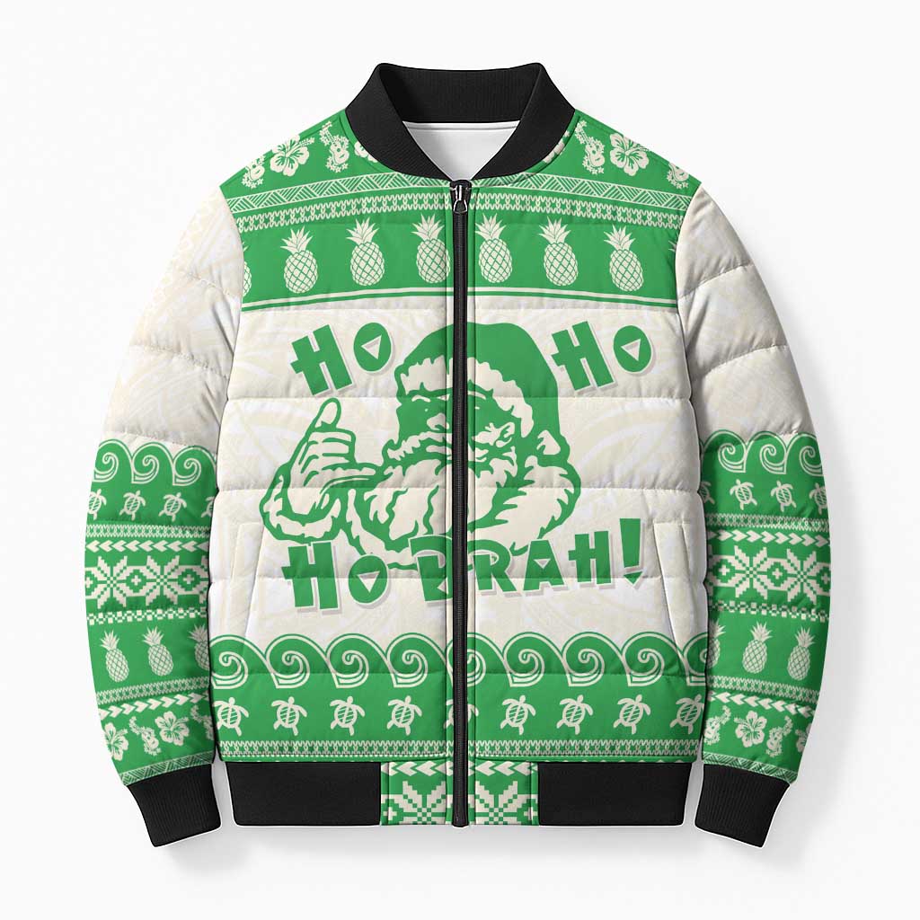 Green Mele Kalikimaka Hawaii Bomber Puffer Jacket Funny Ho Ho Ho Santa Shaka - Polynesian Pride