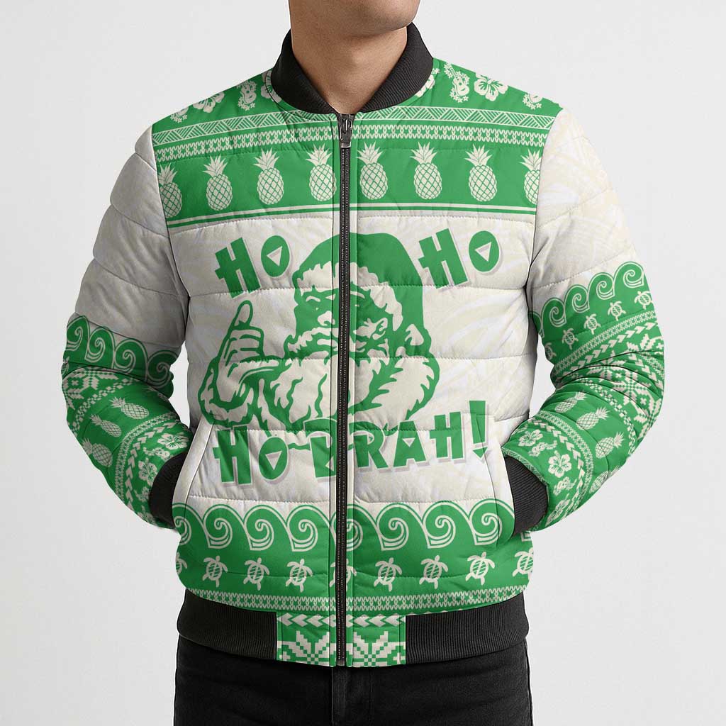Green Mele Kalikimaka Hawaii Bomber Puffer Jacket Funny Ho Ho Ho Santa Shaka - Polynesian Pride
