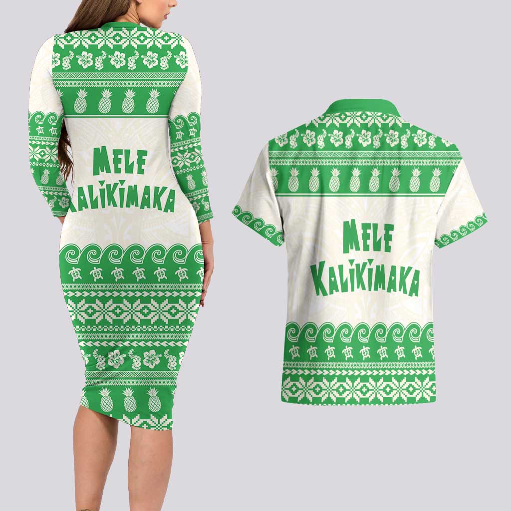 Green Mele Kalikimaka Hawaii Couples Matching Long Sleeve Bodycon Dress and Hawaiian Shirt Funny Ho Ho Ho Santa Shaka - Polynesian Pride