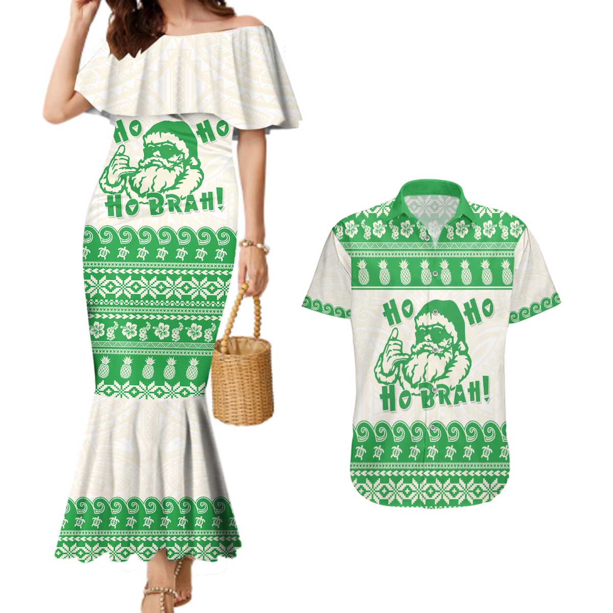 Green Mele Kalikimaka Hawaii Couples Matching Mermaid Dress and Hawaiian Shirt Funny Ho Ho Ho Santa Shaka - Polynesian Pride