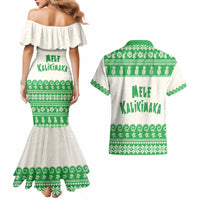Green Mele Kalikimaka Hawaii Couples Matching Mermaid Dress and Hawaiian Shirt Funny Ho Ho Ho Santa Shaka - Polynesian Pride