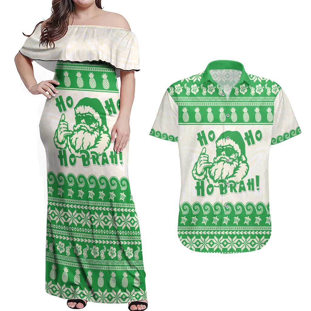Green Mele Kalikimaka Hawaii Couples Matching Off Shoulder Maxi Dress and Hawaiian Shirt Funny Ho Ho Ho Santa Shaka - Polynesian Pride