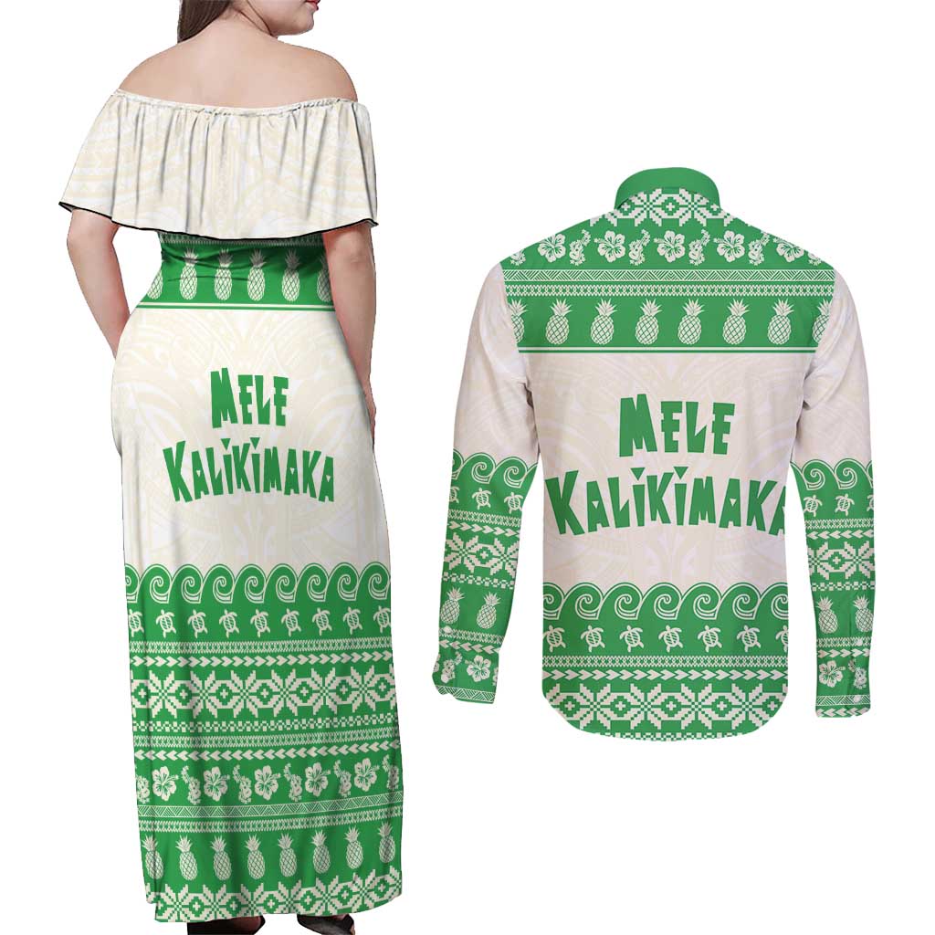 Green Mele Kalikimaka Hawaii Couples Matching Off Shoulder Maxi Dress and Long Sleeve Button Shirt Funny Ho Ho Ho Santa Shaka - Polynesian Pride