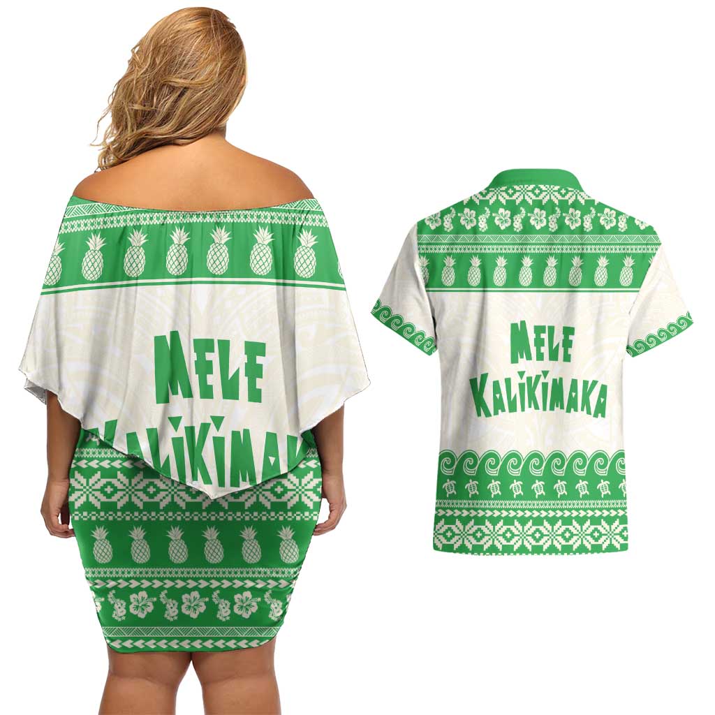Green Mele Kalikimaka Hawaii Couples Matching Off Shoulder Short Dress and Hawaiian Shirt Funny Ho Ho Ho Santa Shaka - Polynesian Pride