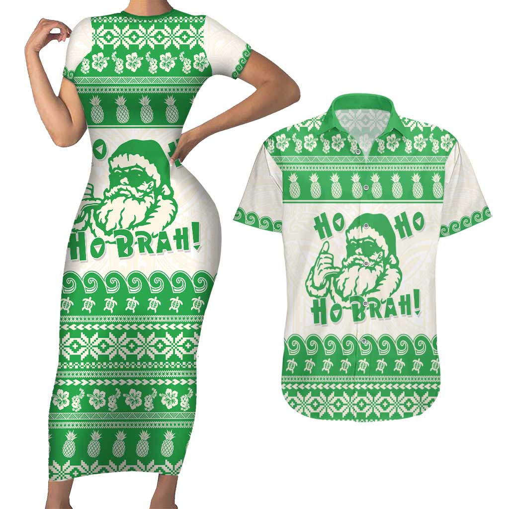 Green Mele Kalikimaka Hawaii Couples Matching Short Sleeve Bodycon Dress and Hawaiian Shirt Funny Ho Ho Ho Santa Shaka - Polynesian Pride