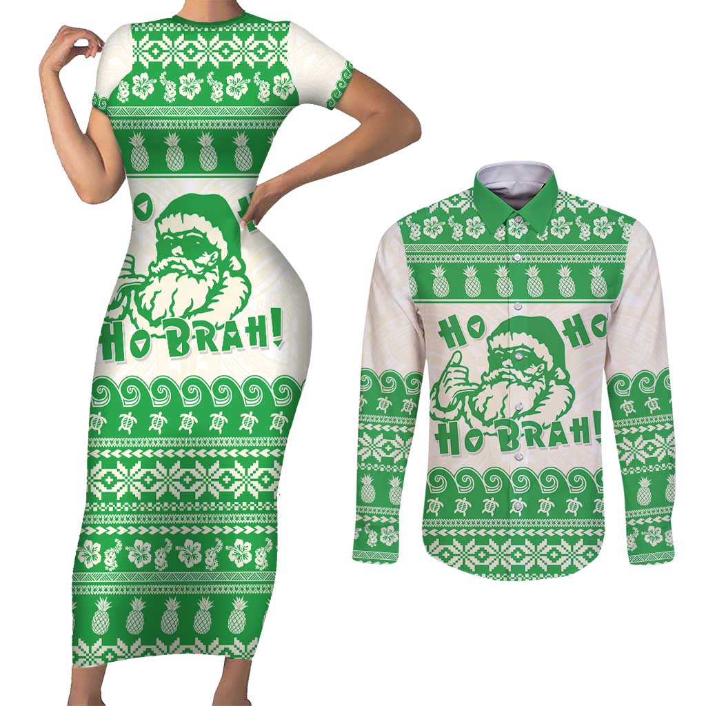 Green Mele Kalikimaka Hawaii Couples Matching Short Sleeve Bodycon Dress and Long Sleeve Button Shirt Funny Ho Ho Ho Santa Shaka - Polynesian Pride