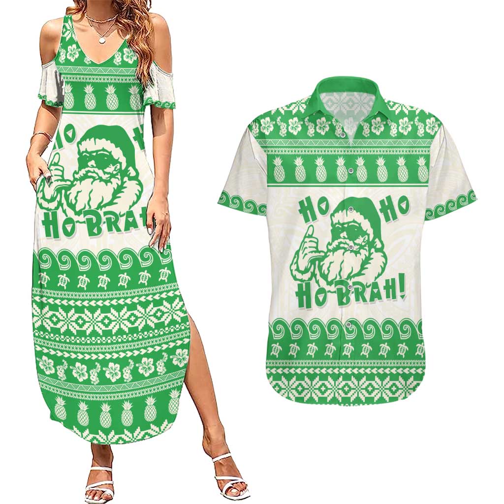Green Mele Kalikimaka Hawaii Couples Matching Summer Maxi Dress and Hawaiian Shirt Funny Ho Ho Ho Santa Shaka - Polynesian Pride
