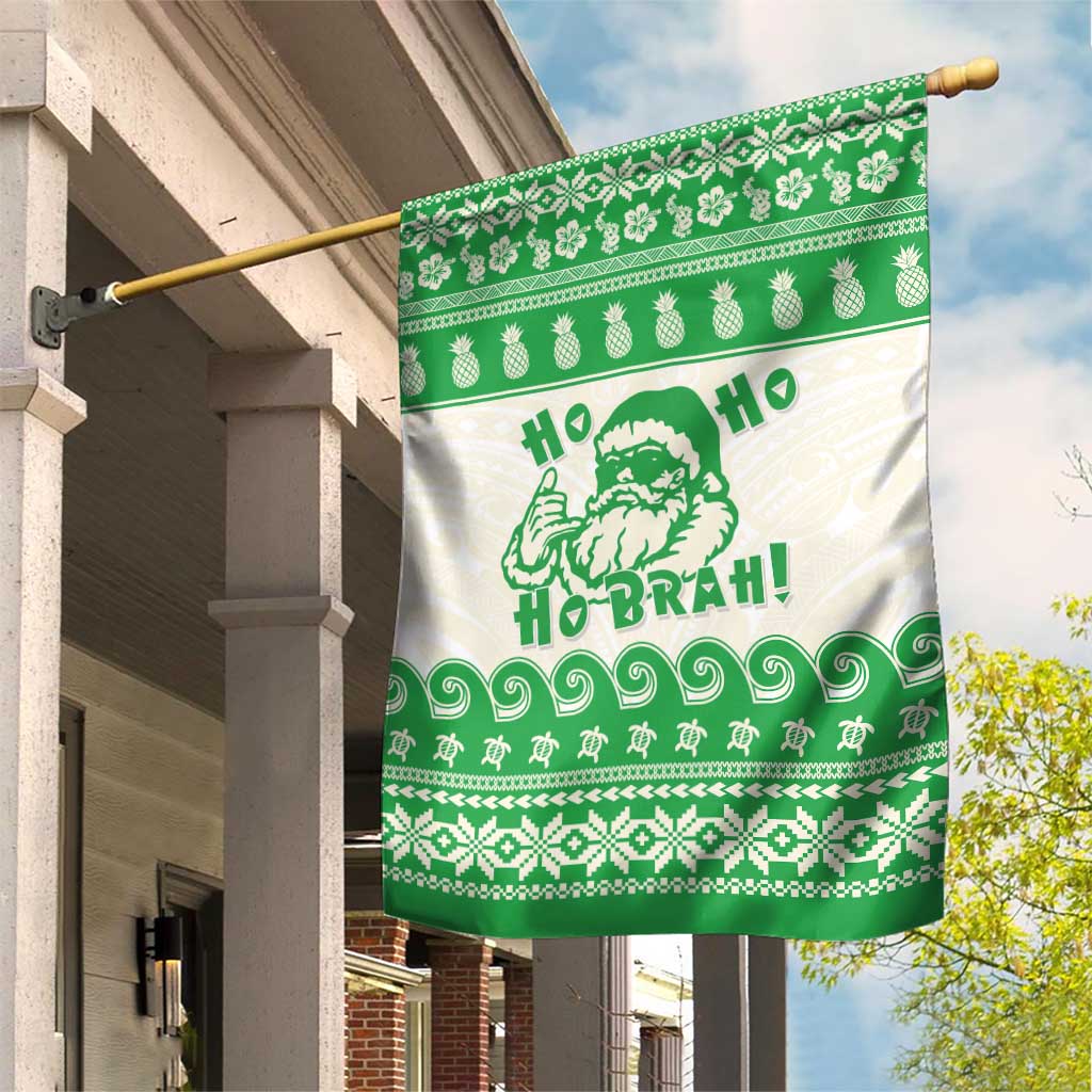 Green Mele Kalikimaka Hawaii Garden Flag Funny Ho Ho Ho Santa Shaka - Polynesian Pride