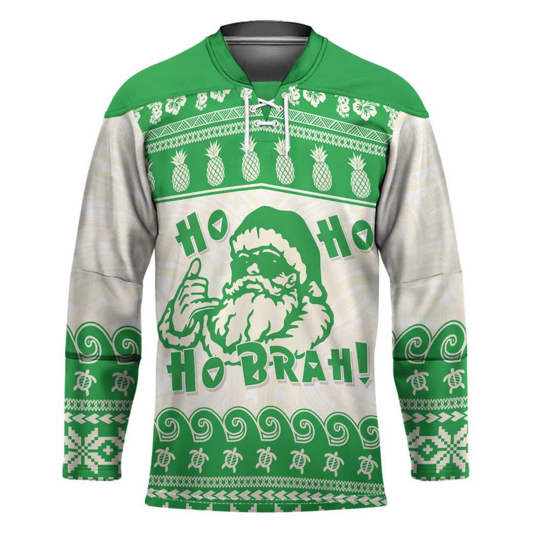 Green Mele Kalikimaka Hawaii Hockey Jersey Funny Ho Ho Ho Santa Shaka - Polynesian Pride