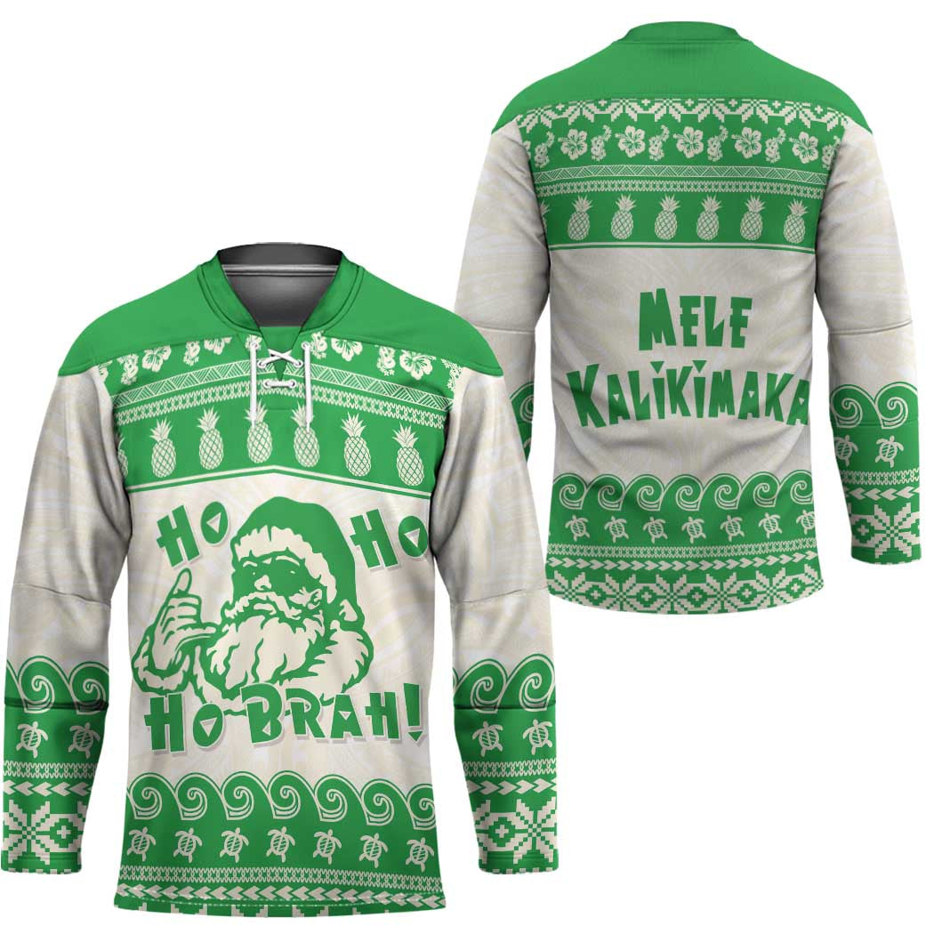 Green Mele Kalikimaka Hawaii Hockey Jersey Funny Ho Ho Ho Santa Shaka - Polynesian Pride