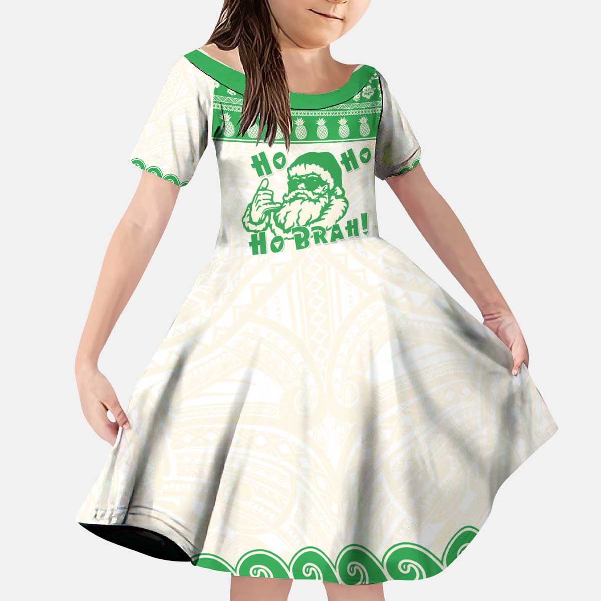 Green Mele Kalikimaka Hawaii Kid Short Sleeve Dress Funny Ho Ho Ho Santa Shaka - Polynesian Pride