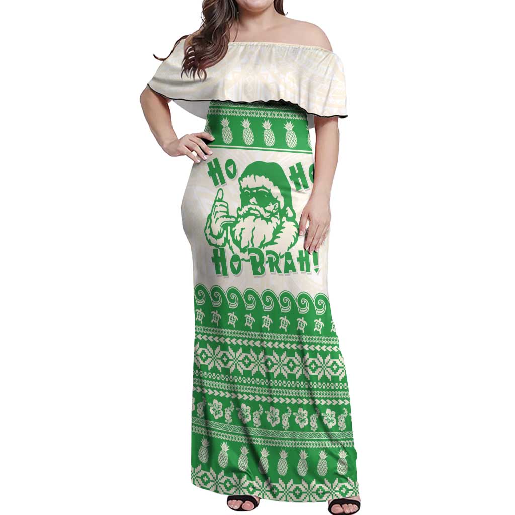 Green Mele Kalikimaka Hawaii Off Shoulder Maxi Dress Funny Ho Ho Ho Santa Shaka - Polynesian Pride