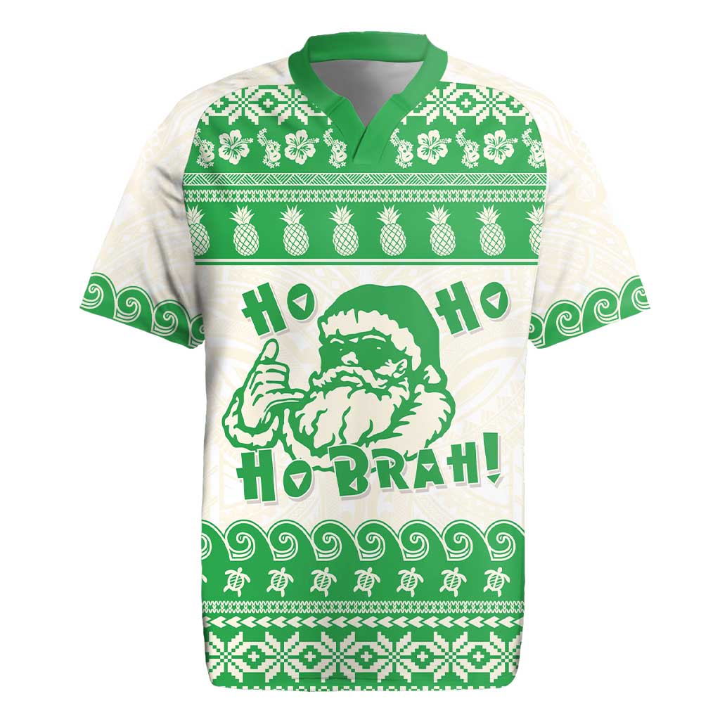 Green Mele Kalikimaka Hawaii Rugby Jersey Funny Ho Ho Ho Santa Shaka - Polynesian Pride