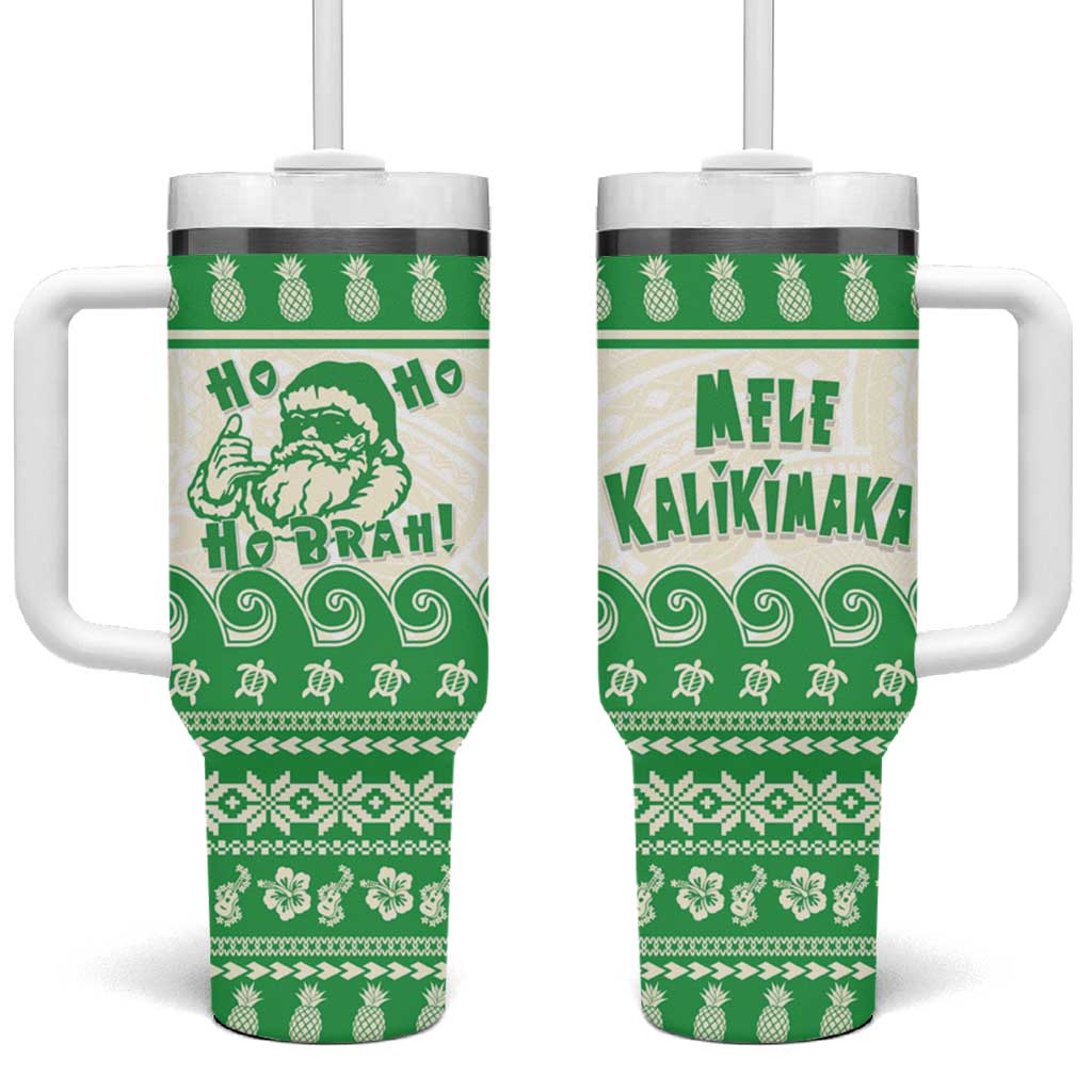Green Mele Kalikimaka Hawaii Tumbler With Handle Funny Ho Ho Ho Santa Shaka - Polynesian Pride
