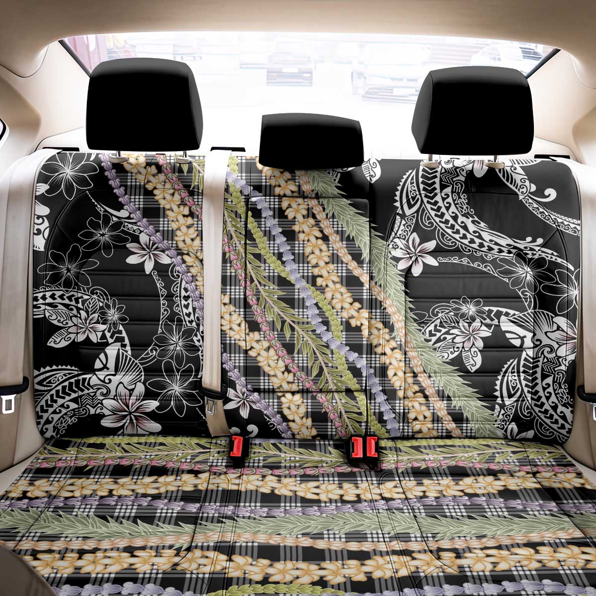 Black Palaka Hawaii Leis Back Car Seat Cover Hawaiian-plaid Elegant Tropical Vibes - Polynesian Pride