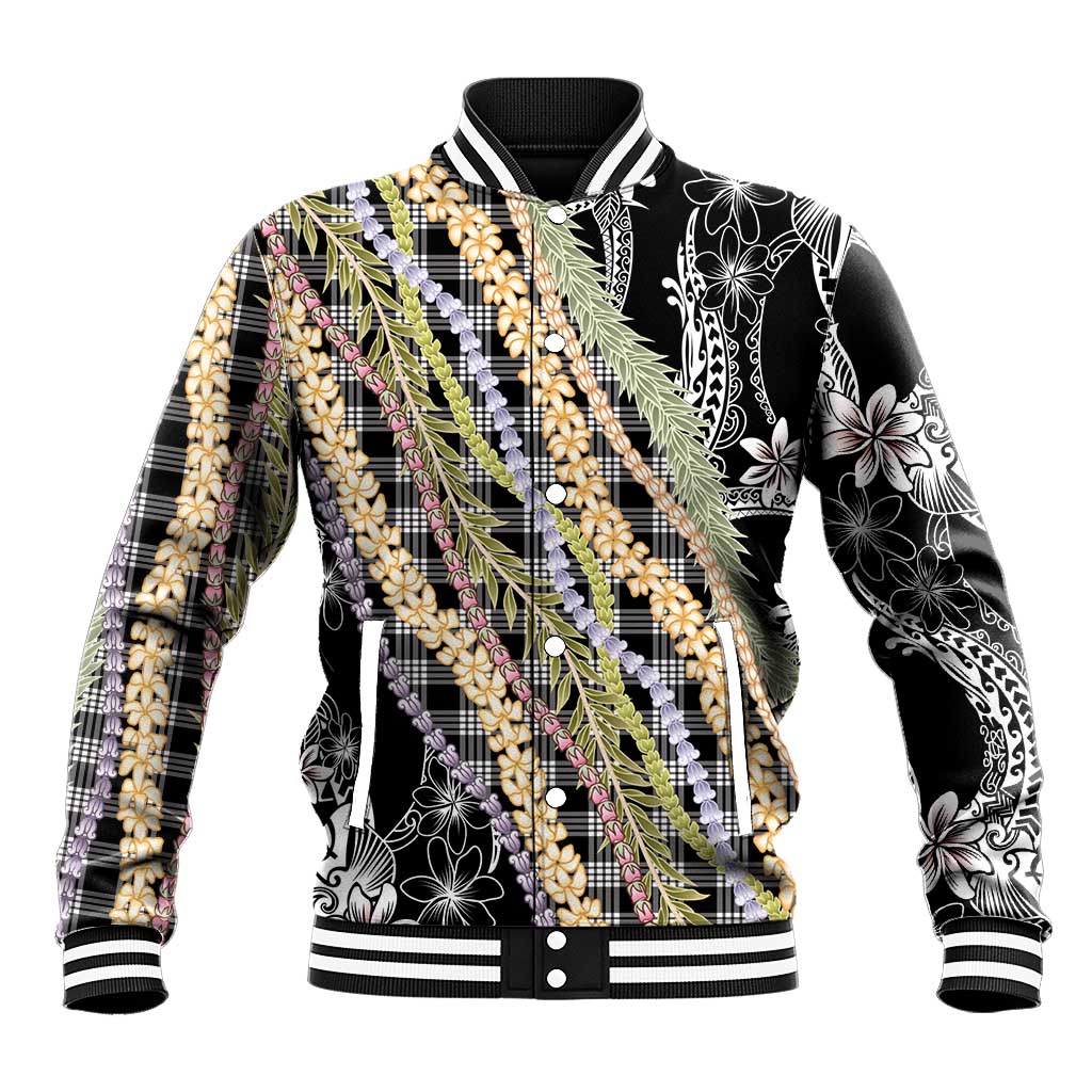 Black Palaka Hawaii Leis Baseball Jacket Hawaiian-plaid Elegant Tropical Vibes - Polynesian Pride