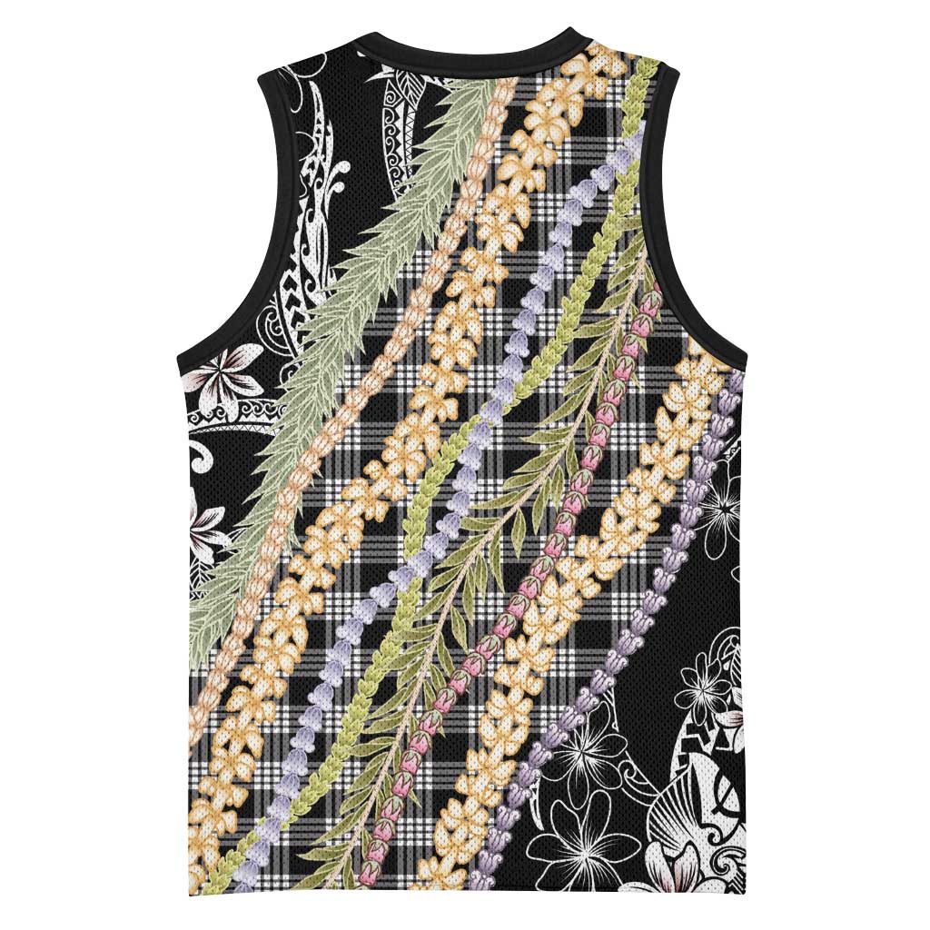 Black Palaka Hawaii Leis Basketball Jersey Hawaiian-plaid Elegant Tropical Vibes - Polynesian Pride