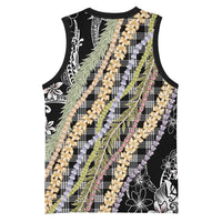 Black Palaka Hawaii Leis Basketball Jersey Hawaiian-plaid Elegant Tropical Vibes - Polynesian Pride