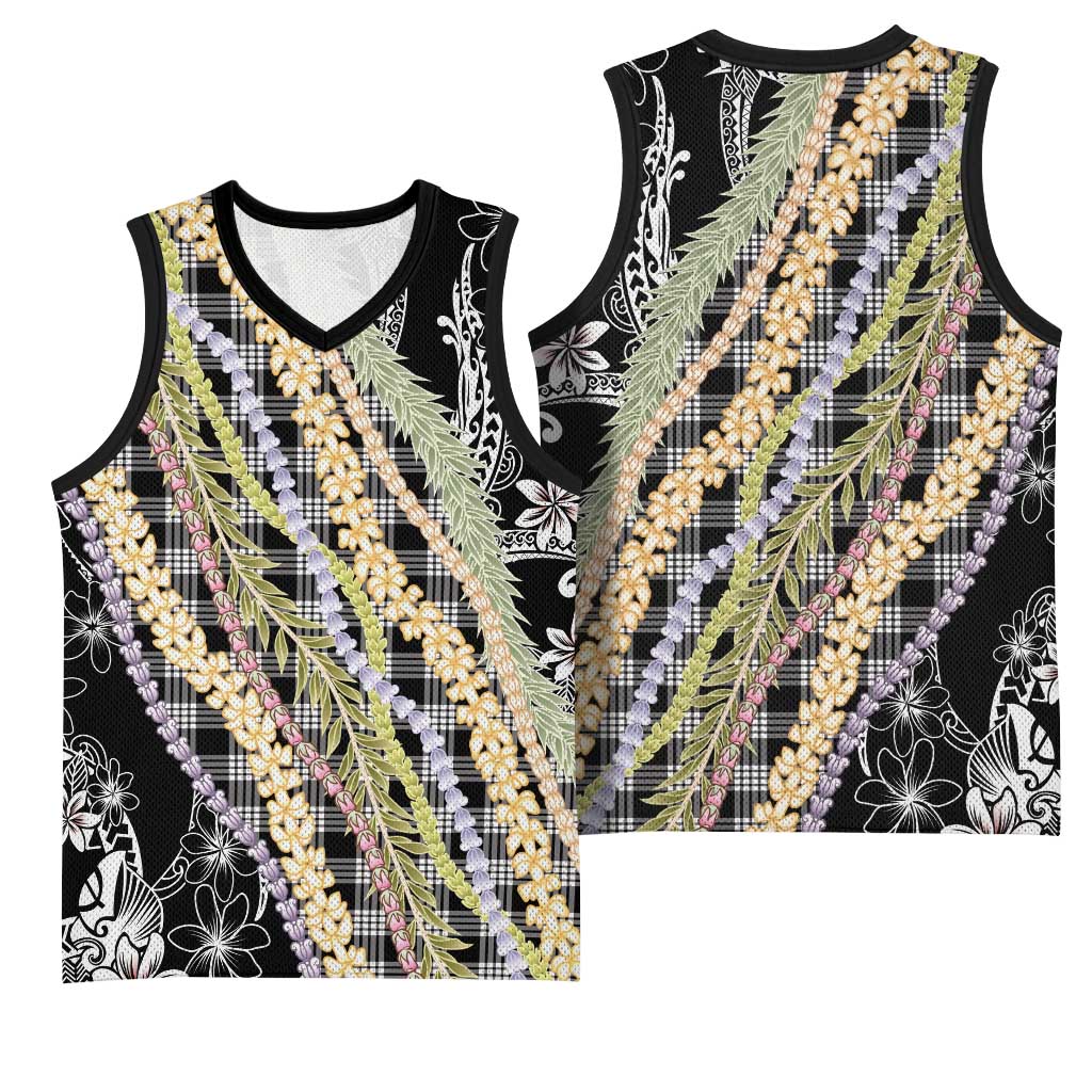 Black Palaka Hawaii Leis Basketball Jersey Hawaiian-plaid Elegant Tropical Vibes - Polynesian Pride
