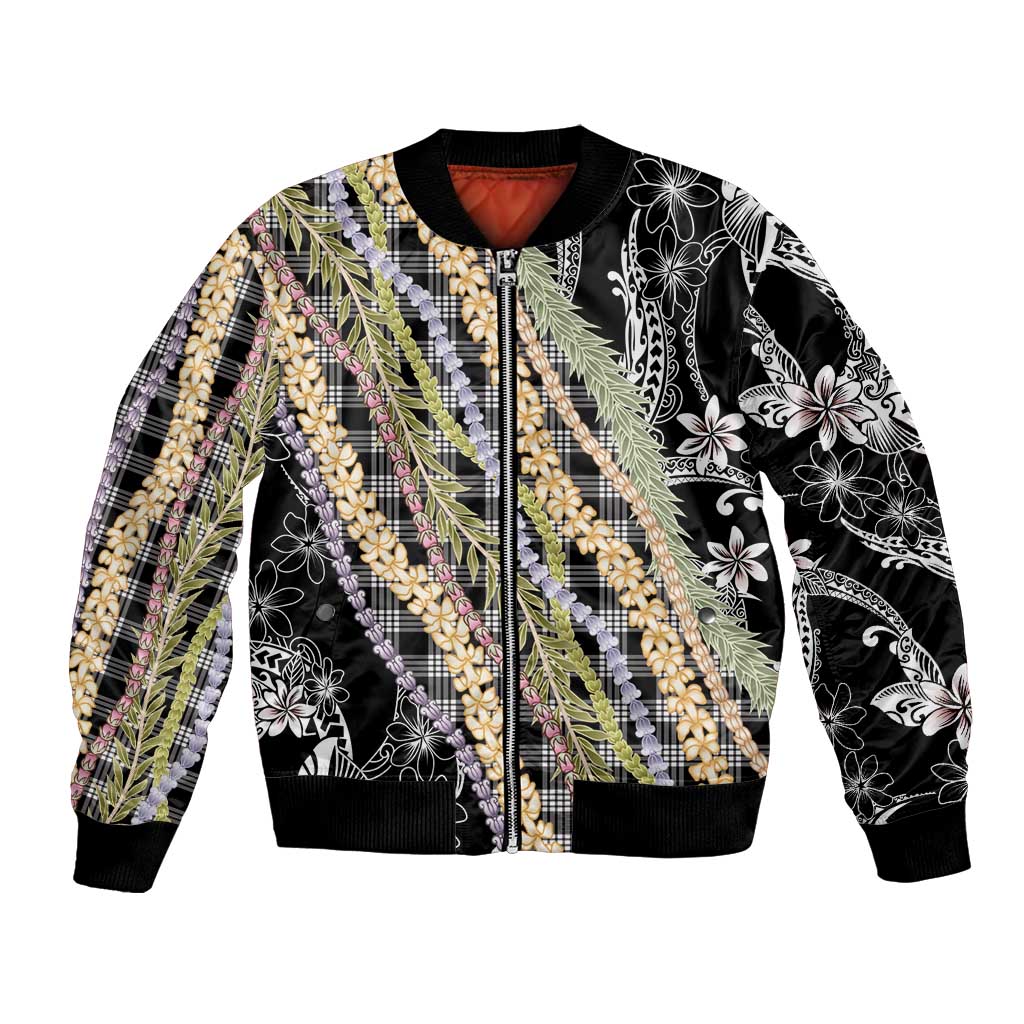 Black Palaka Hawaii Leis Bomber Jacket Hawaiian-plaid Elegant Tropical Vibes - Polynesian Pride