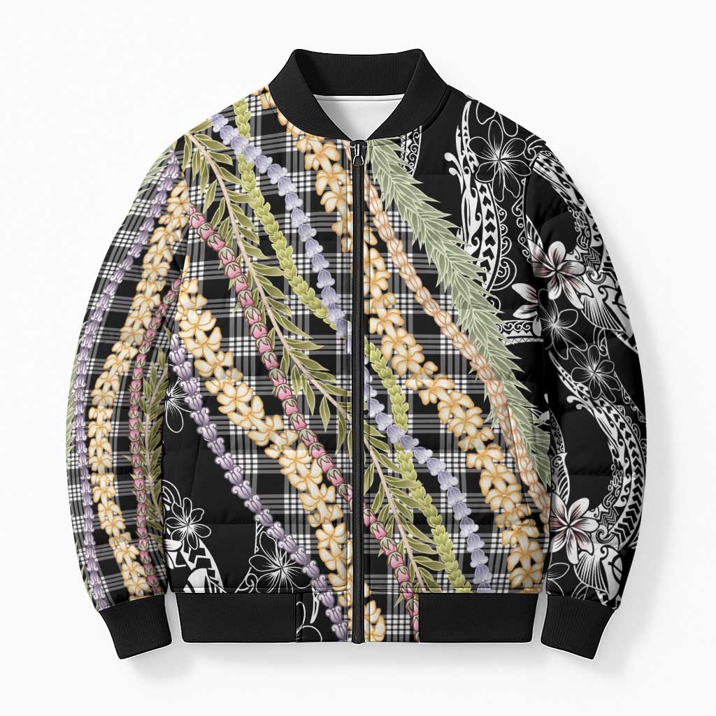 Black Palaka Hawaii Leis Bomber Puffer Jacket Hawaiian-plaid Elegant Tropical Vibes - Polynesian Pride