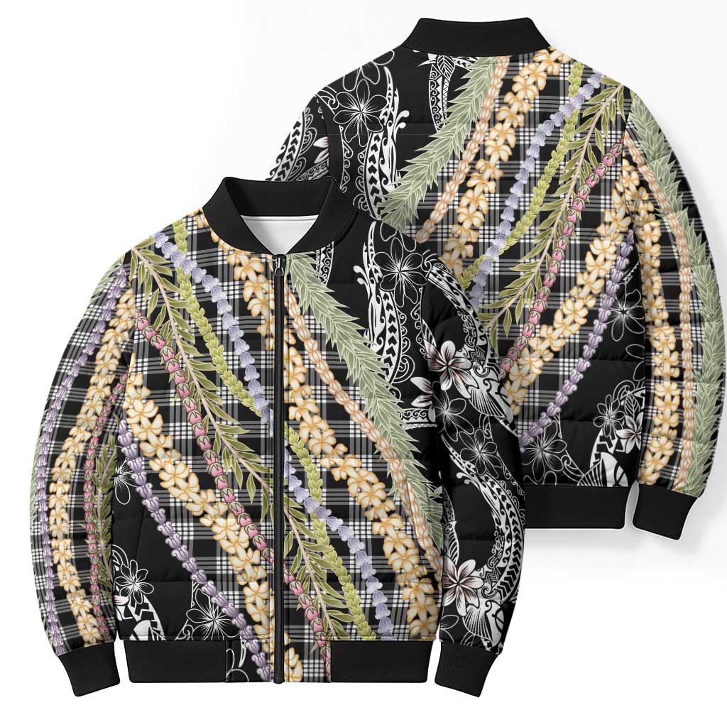 Black Palaka Hawaii Leis Bomber Puffer Jacket Hawaiian-plaid Elegant Tropical Vibes - Polynesian Pride