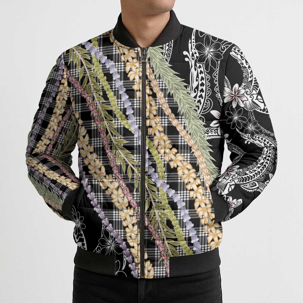 Black Palaka Hawaii Leis Bomber Puffer Jacket Hawaiian-plaid Elegant Tropical Vibes - Polynesian Pride