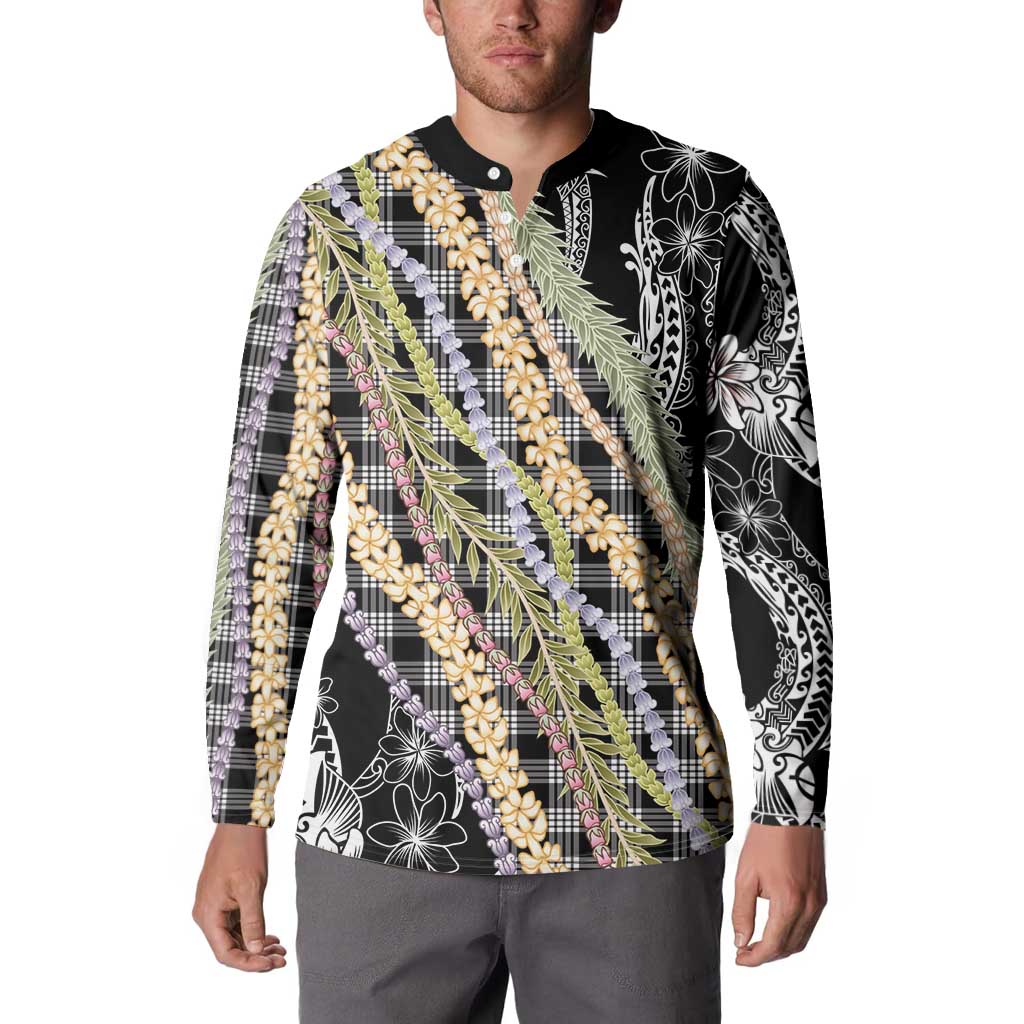 Black Palaka Hawaii Leis Button Sweatshirt Hawaiian-plaid Elegant Tropical Vibes - Polynesian Pride