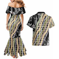 Black Palaka Hawaii Leis Couples Matching Mermaid Dress and Hawaiian Shirt Hawaiian-plaid Elegant Tropical Vibes - Polynesian Pride