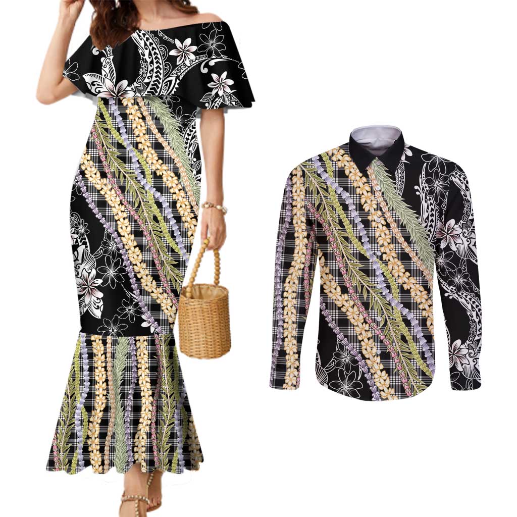 Black Palaka Hawaii Leis Couples Matching Mermaid Dress and Long Sleeve Button Shirt Hawaiian-plaid Elegant Tropical Vibes - Polynesian Pride