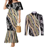 Black Palaka Hawaii Leis Couples Matching Mermaid Dress and Long Sleeve Button Shirt Hawaiian-plaid Elegant Tropical Vibes - Polynesian Pride