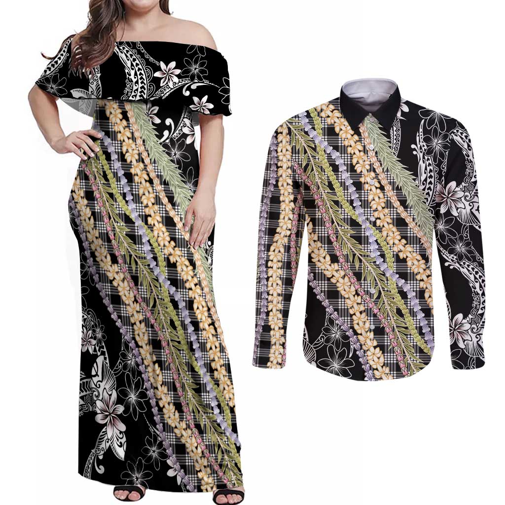 Black Palaka Hawaii Leis Couples Matching Off Shoulder Maxi Dress and Long Sleeve Button Shirt Hawaiian-plaid Elegant Tropical Vibes - Polynesian Pride