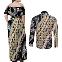 Black Palaka Hawaii Leis Couples Matching Off Shoulder Maxi Dress and Long Sleeve Button Shirt Hawaiian-plaid Elegant Tropical Vibes - Polynesian Pride
