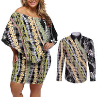 Black Palaka Hawaii Leis Couples Matching Off Shoulder Short Dress and Long Sleeve Button Shirt Hawaiian-plaid Elegant Tropical Vibes - Polynesian Pride