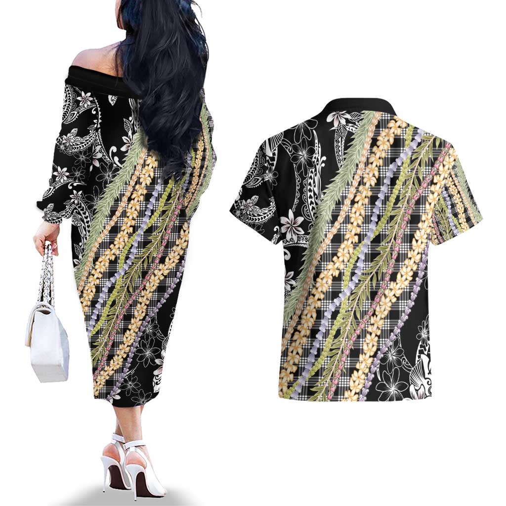Black Palaka Hawaii Leis Couples Matching Off The Shoulder Long Sleeve Dress and Hawaiian Shirt Hawaiian-plaid Elegant Tropical Vibes - Polynesian Pride