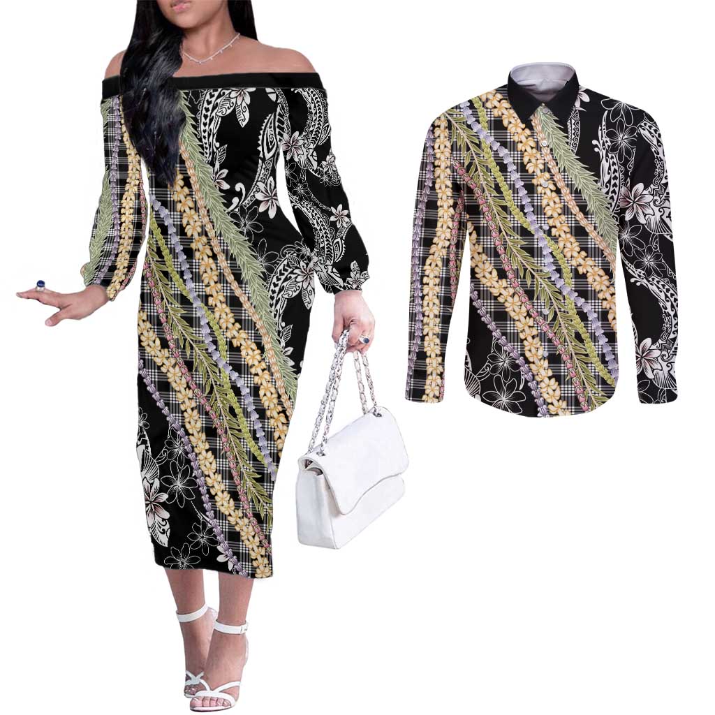 Black Palaka Hawaii Leis Couples Matching Off The Shoulder Long Sleeve Dress and Long Sleeve Button Shirt Hawaiian-plaid Elegant Tropical Vibes - Polynesian Pride