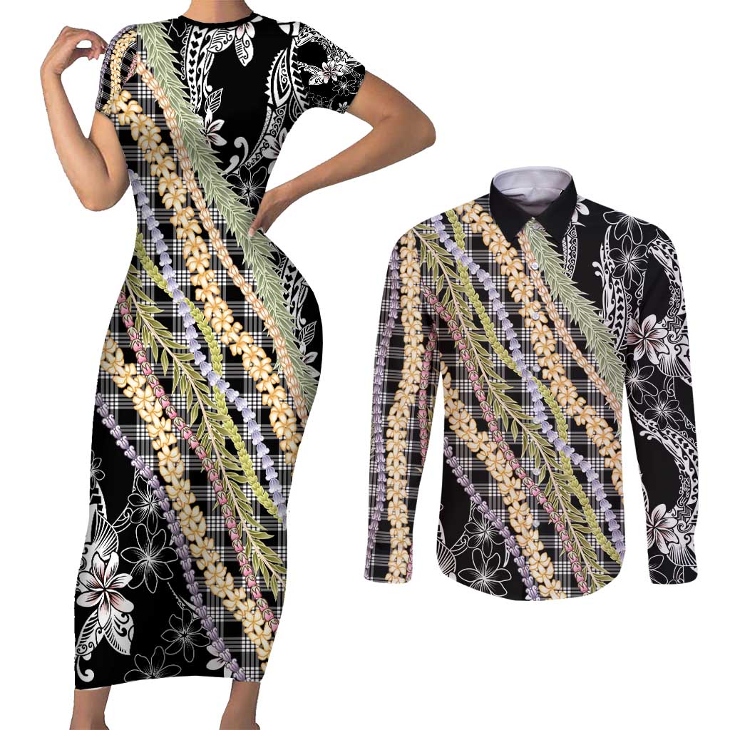 Black Palaka Hawaii Leis Couples Matching Short Sleeve Bodycon Dress and Long Sleeve Button Shirt Hawaiian-plaid Elegant Tropical Vibes - Polynesian Pride
