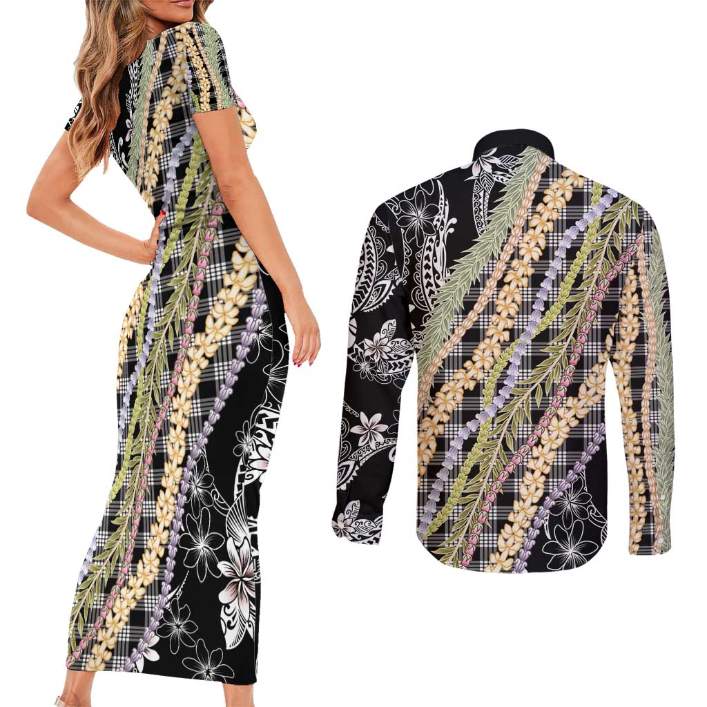 Black Palaka Hawaii Leis Couples Matching Short Sleeve Bodycon Dress and Long Sleeve Button Shirt Hawaiian-plaid Elegant Tropical Vibes - Polynesian Pride