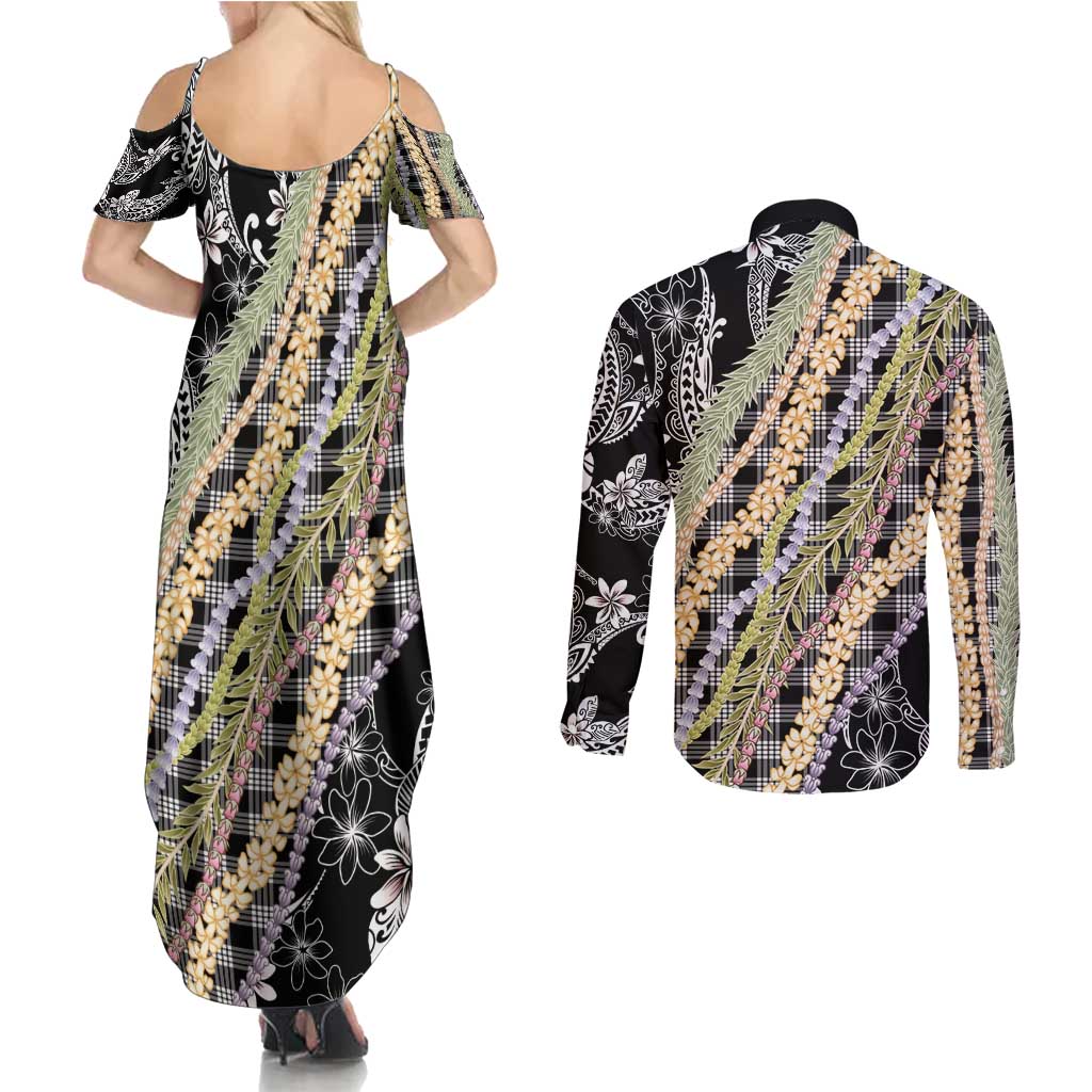 Black Palaka Hawaii Leis Couples Matching Summer Maxi Dress and Long Sleeve Button Shirt Hawaiian-plaid Elegant Tropical Vibes - Polynesian Pride